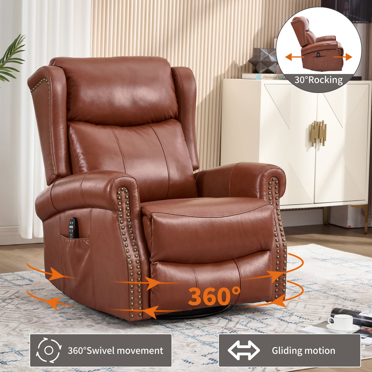 Heat Massage Manual Recliner Chair with Rocker and Swivel in brown leather HouseOfZazla on Tampa Home & Garden Store
