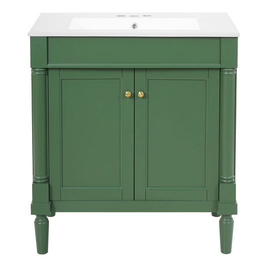 Green bathroom vanity cabinet with white sink, two doors with brass knobs, storage on Tampa Home & Garden Store