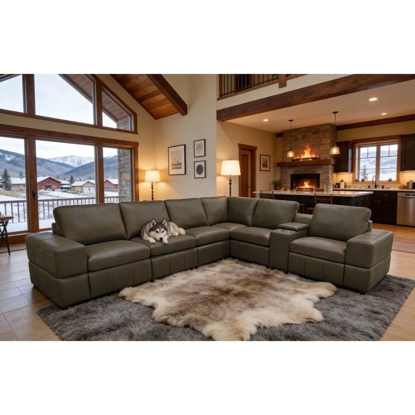 Upholstered large-arms sectional with recliner seats in olive-gray leather in a living room on Tampa Home & Garden Store