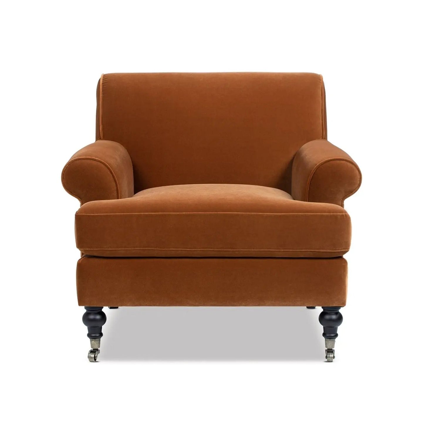 Alana Lawson accent arm chair casters in rust-orange velvet on Tampa Home & Garden Store