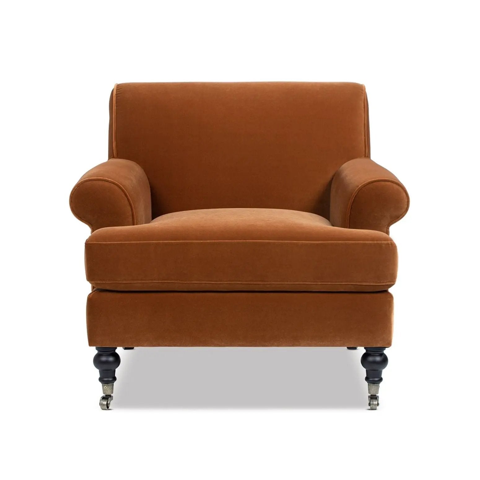 Alana Lawson accent arm chair casters in rust-orange velvet on Tampa Home & Garden Store