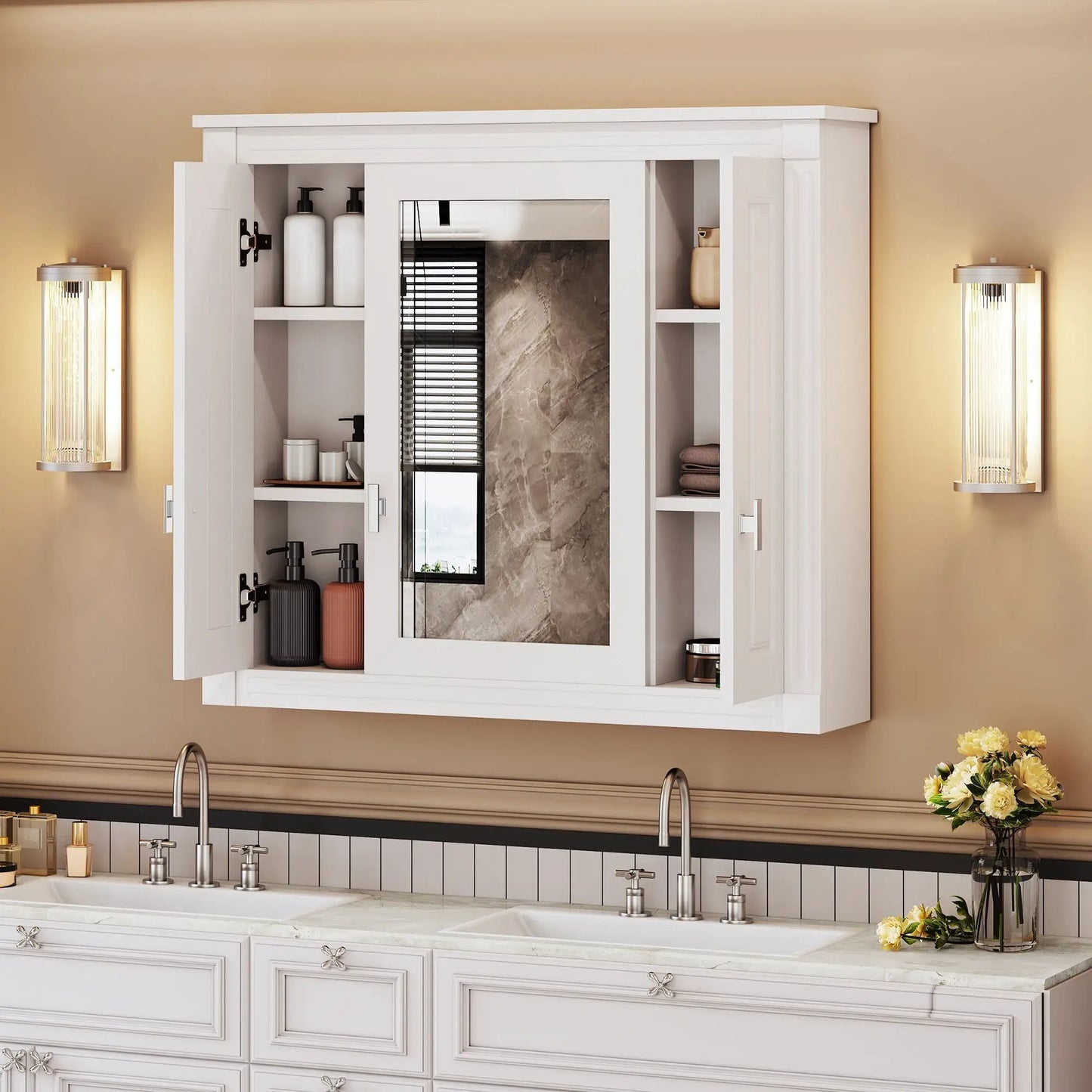 Wall Mounted Cabinet with Mirror and Shelves