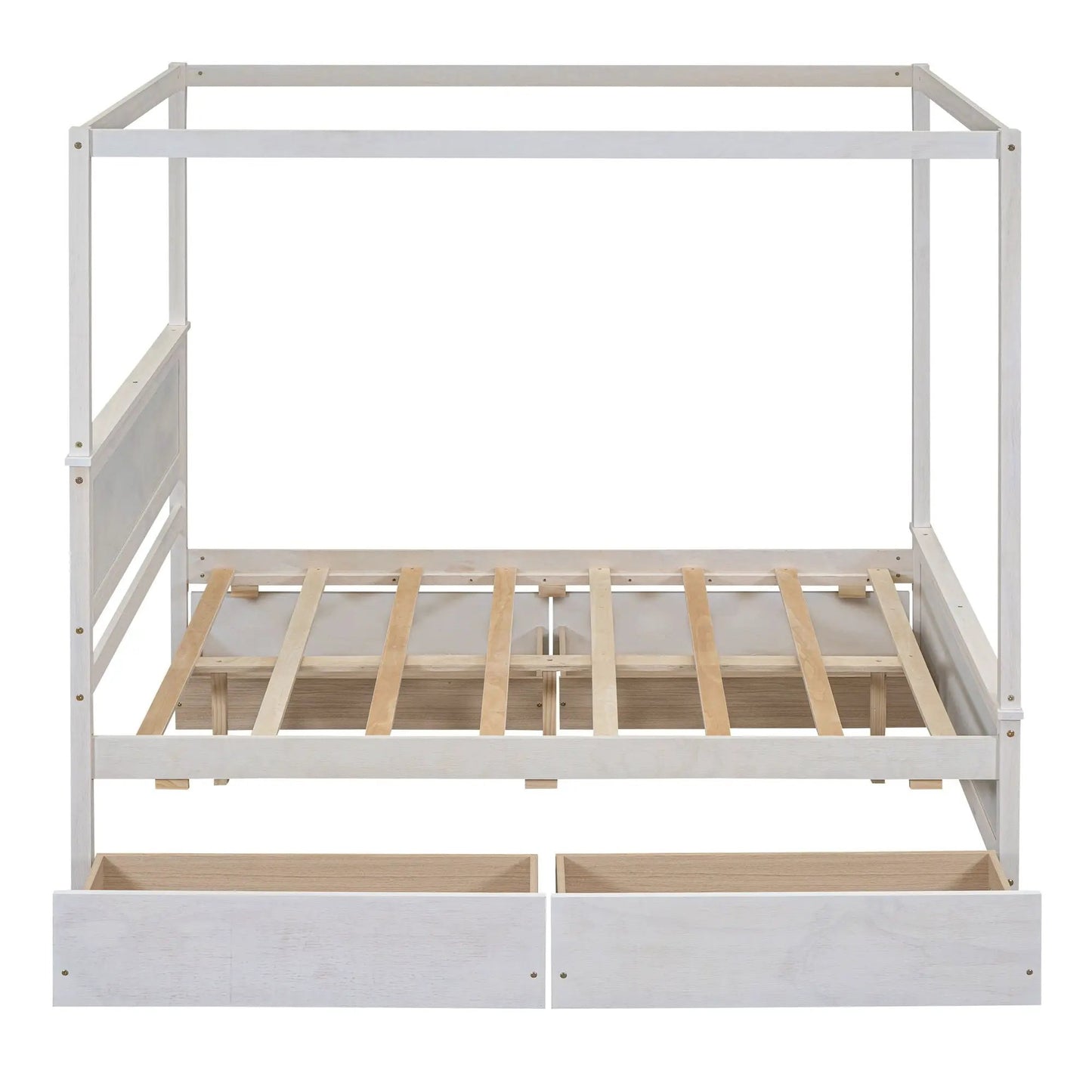 Canopy platform bed with drawers, whitewashed wood frame and slatted support on Tampa Home & Garden Store