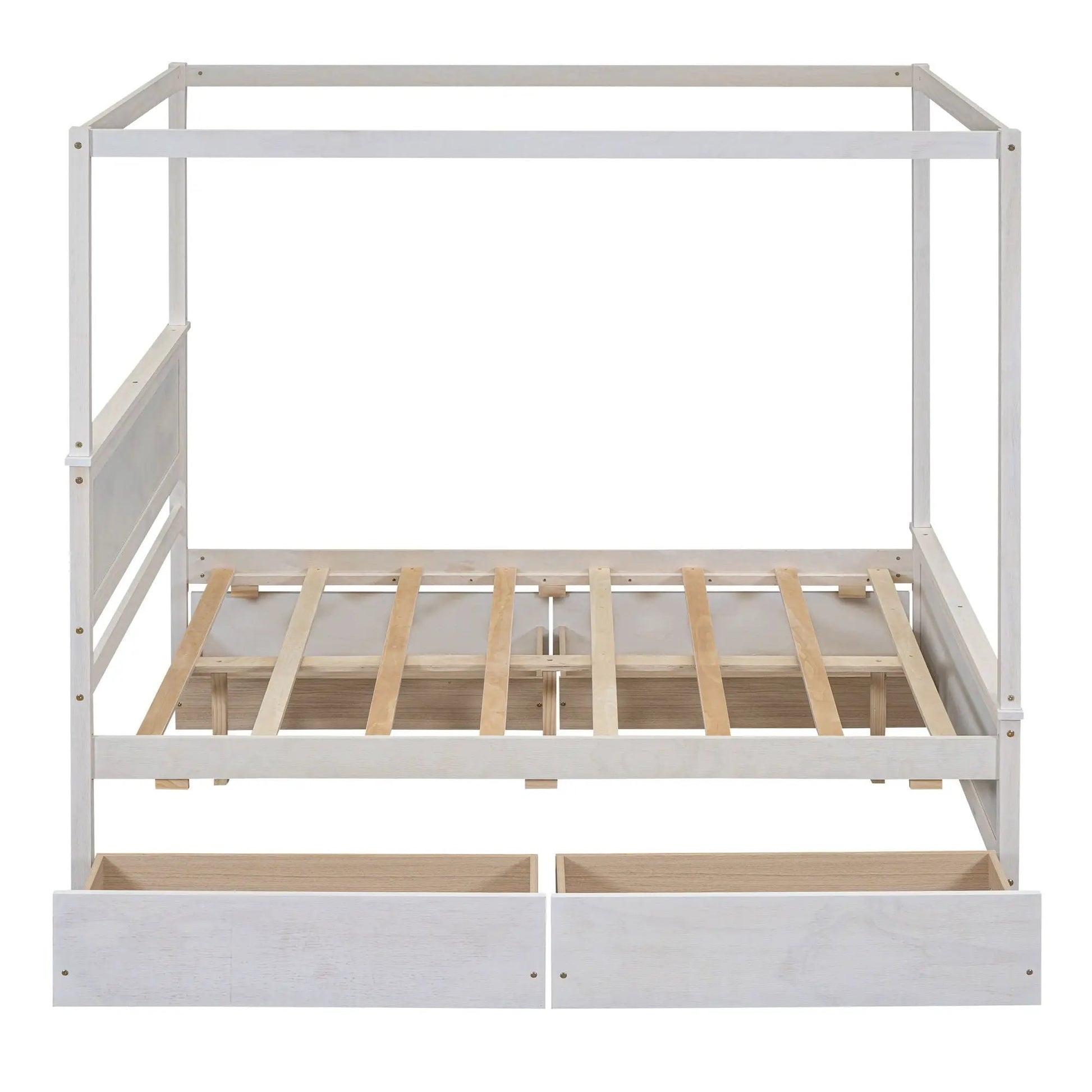 Canopy platform bed with drawers, whitewashed wood frame and slatted support on Tampa Home & Garden Store