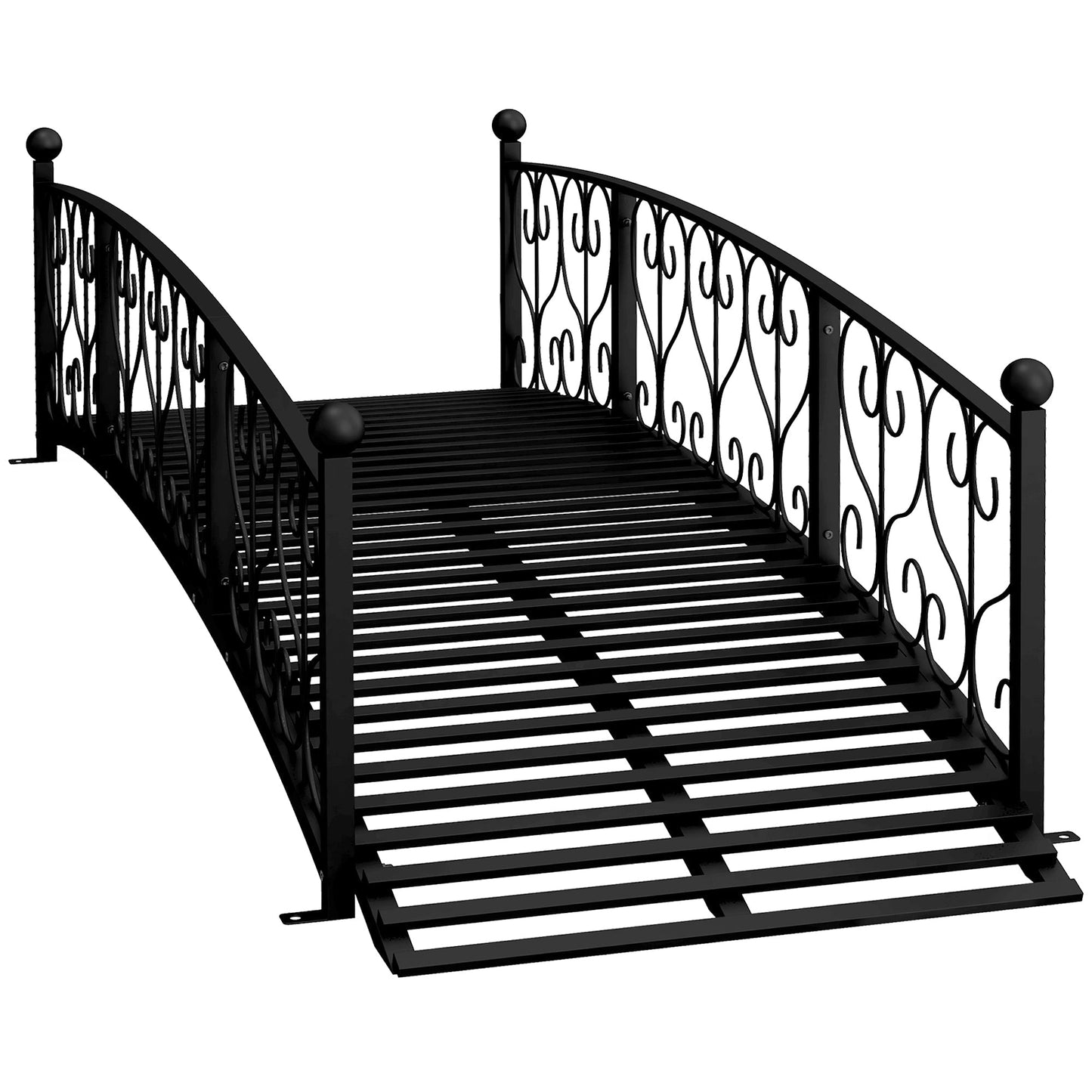 Garden bridge 7ft black metal arch with ornate scrollwork and safety siderails on Tampa Home & Garden Store
