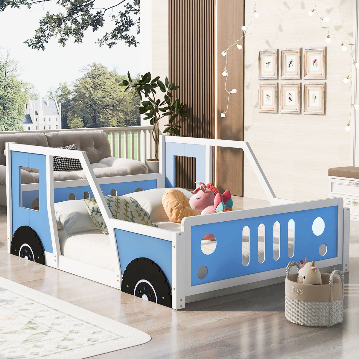 Classic Car Shaped Platform Bed With Wheels blue and white car beds on wheels for kids on Tampa Home & Garden Store