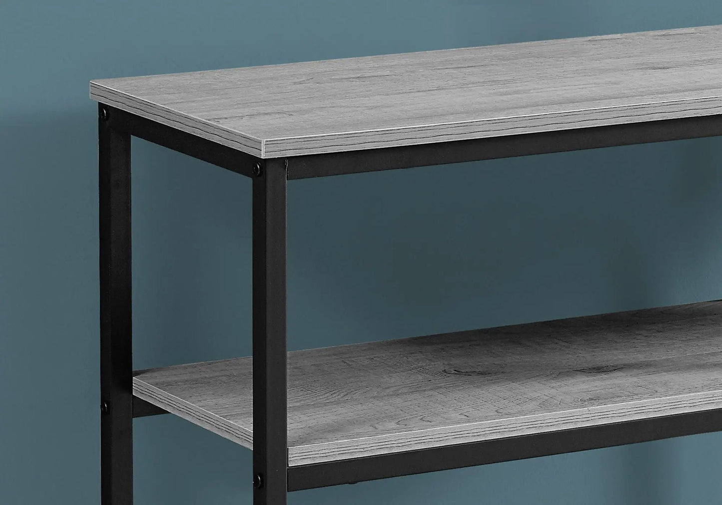 Accent console table for entryway gray wood top, black metal frame, two-tier design on Tampa Home & Garden Store