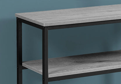 Accent console table for entryway gray wood top, black metal frame, two-tier design on Tampa Home & Garden Store