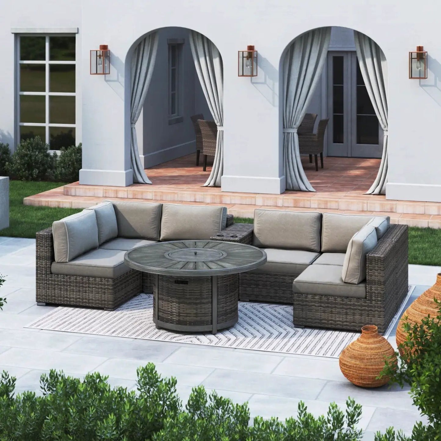 All Weather 4-Person Sofa Set with Fire Pit brown rustproof 2pc by Unique Piece Furniture on Tampa Home & Garden Store