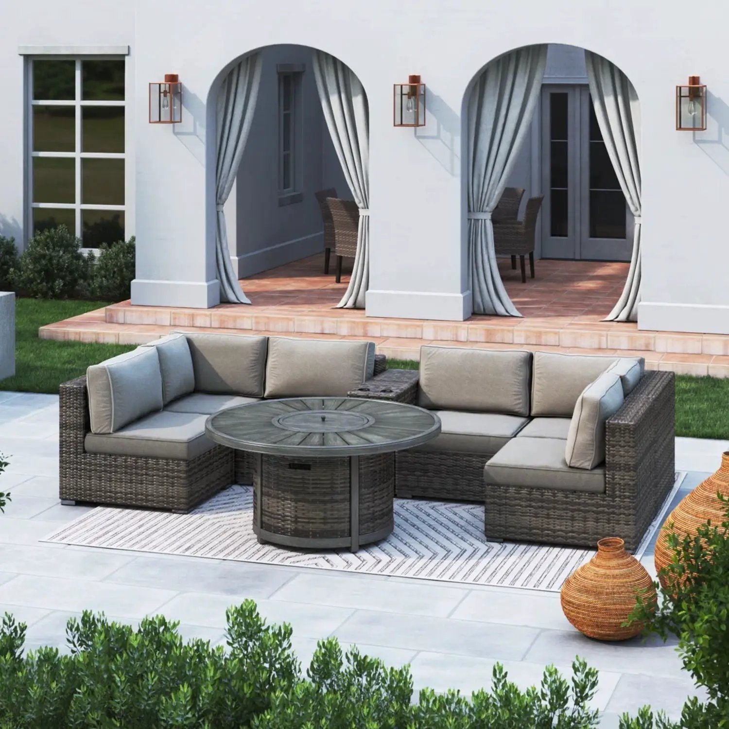 All Weather 4-Person Sofa Set with Fire Pit brown rustproof 2pc by Unique Piece Furniture on Tampa Home & Garden Store