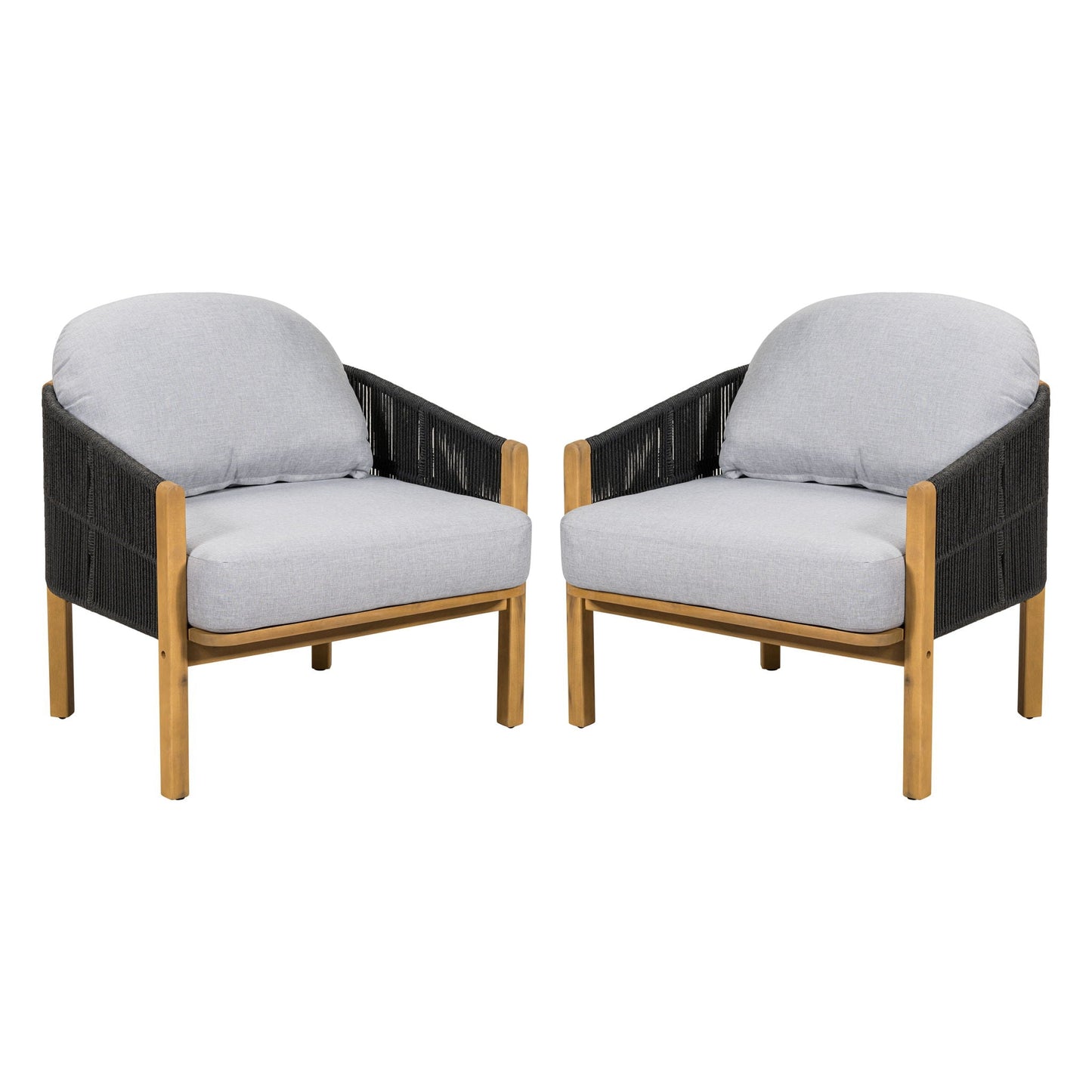 Grotta Outdoor Wood Club Chair Set of 2 with gray cushions and black woven frame, natural wood legs on Tampa Home & Garden Store