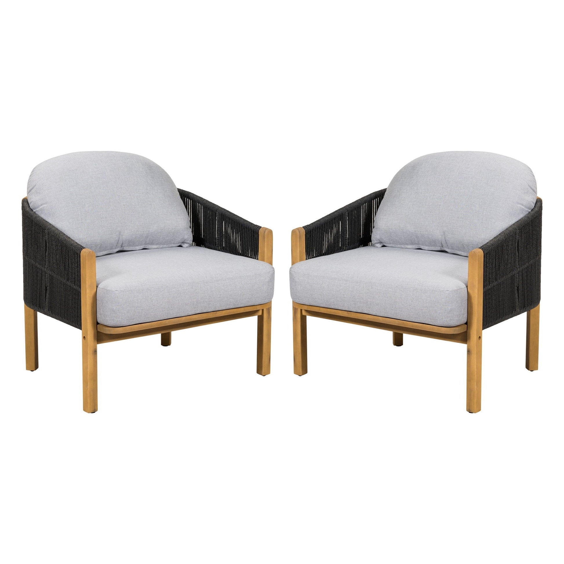 Grotta Outdoor Wood Club Chair Set of 2 with gray cushions and black woven frame, natural wood legs on Tampa Home & Garden Store