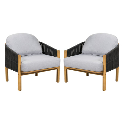 Grotta Outdoor Wood Club Chair Set of 2 with gray cushions and black woven frame, natural wood legs on Tampa Home & Garden Store