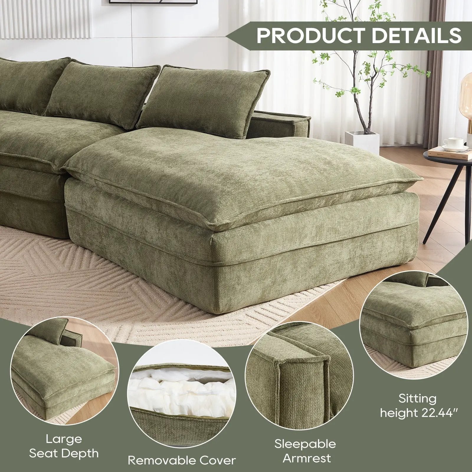 Modern Modular Sectional Sofa olive green fabric with deep seats and right chaise on Tampa Home & Garden Store