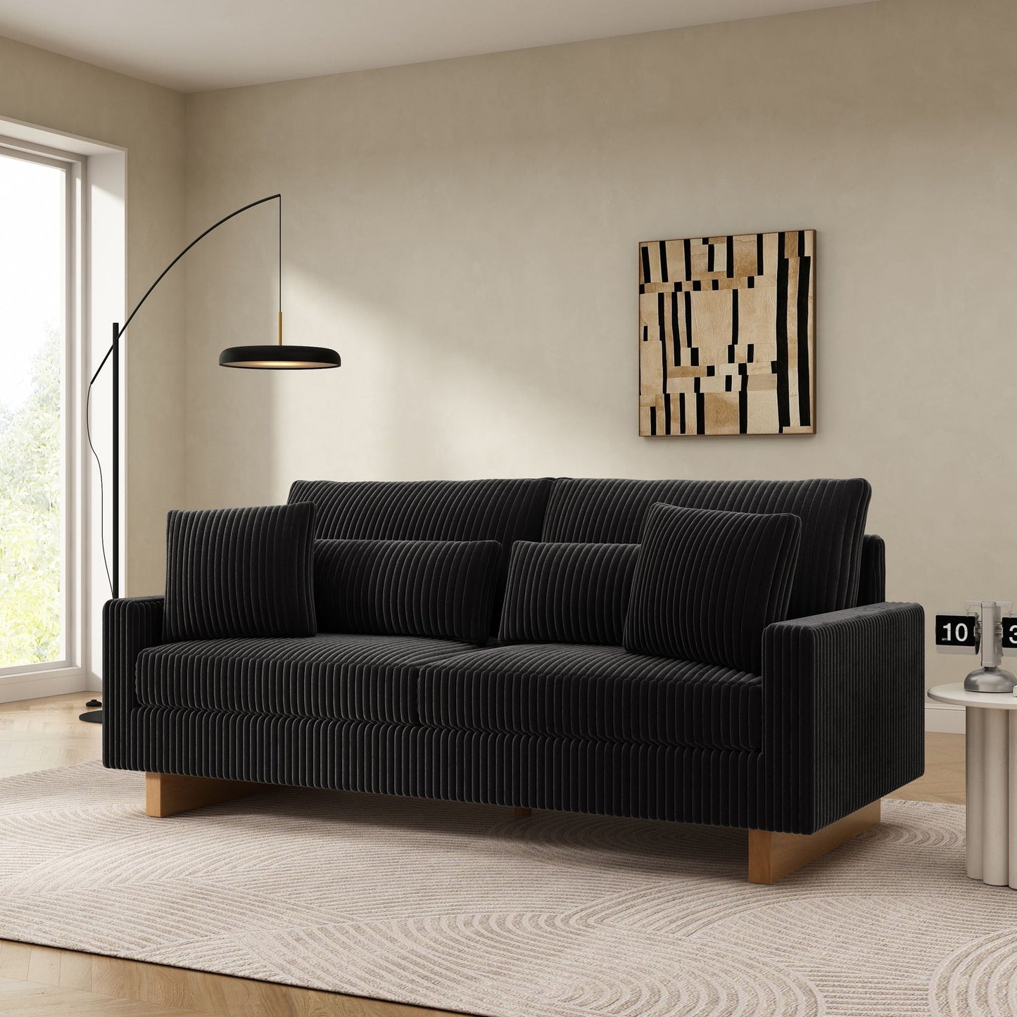 Modern Loveseat Sofa by HouseOfZazla with black ribbed upholstery, wooden legs, and 4 pillows on Tampa Home & Garden Store