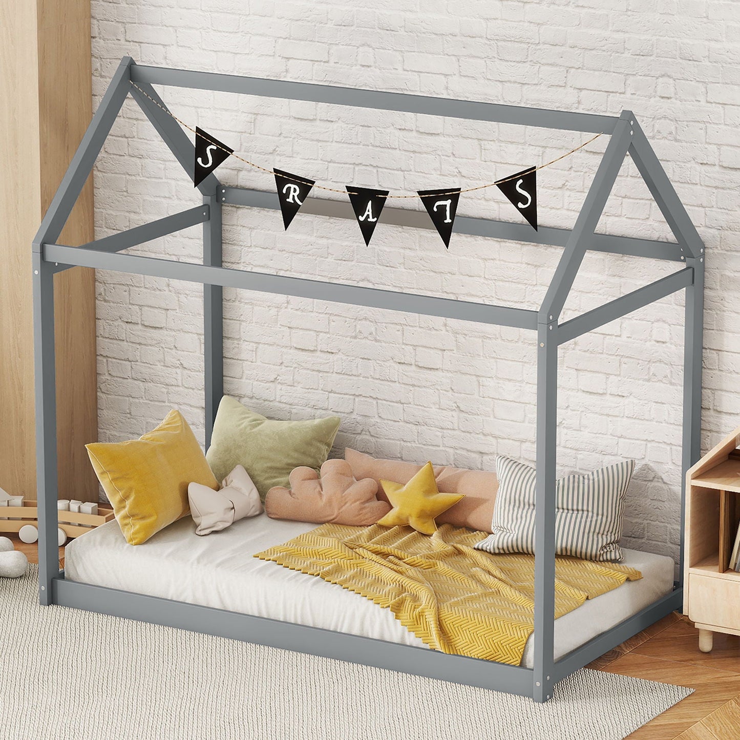 Wooden House Shaped Bed platform frame in gray by HouseOfZazla on Tampa Home & Garden Store
