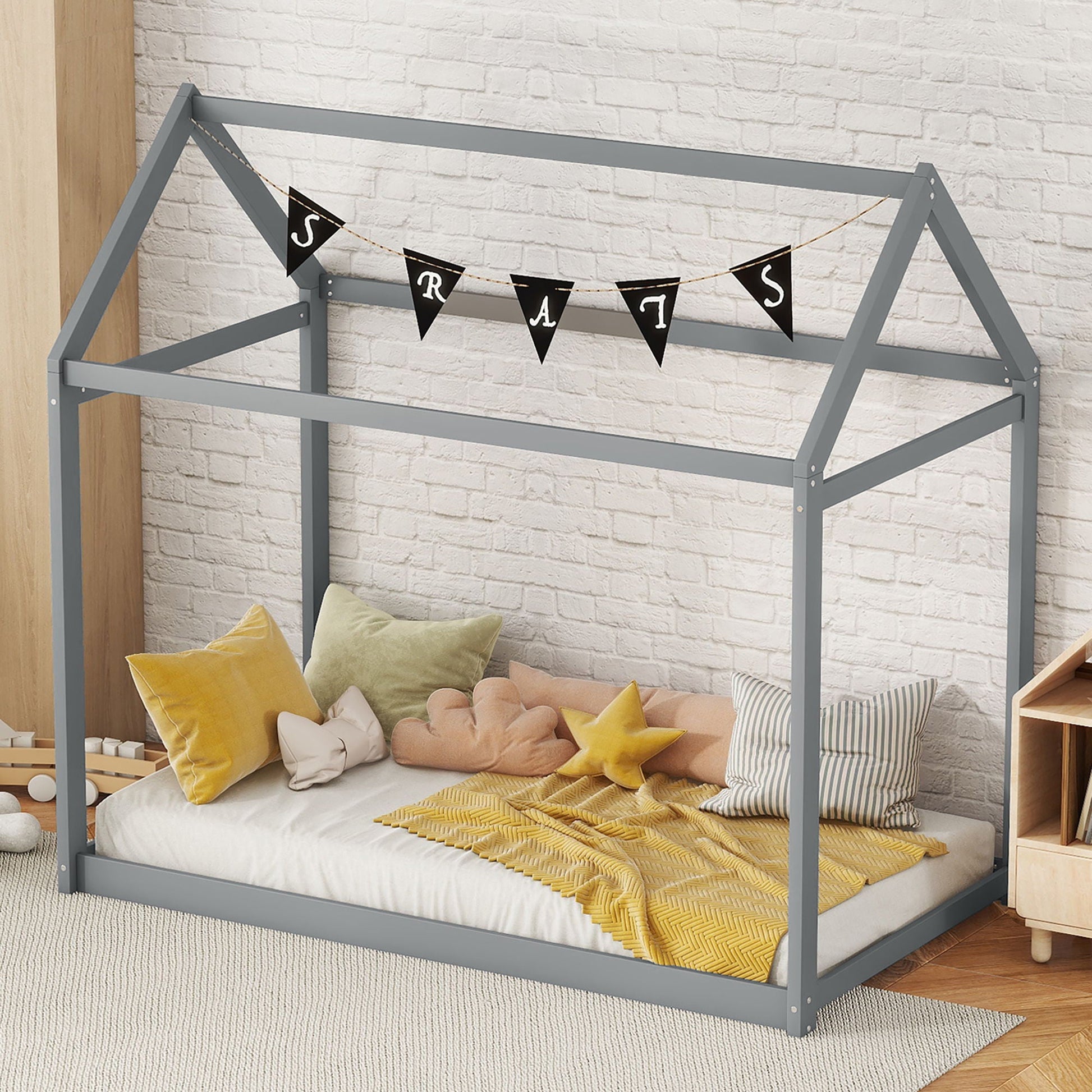 Wooden House Shaped Bed platform frame in gray by HouseOfZazla on Tampa Home & Garden Store
