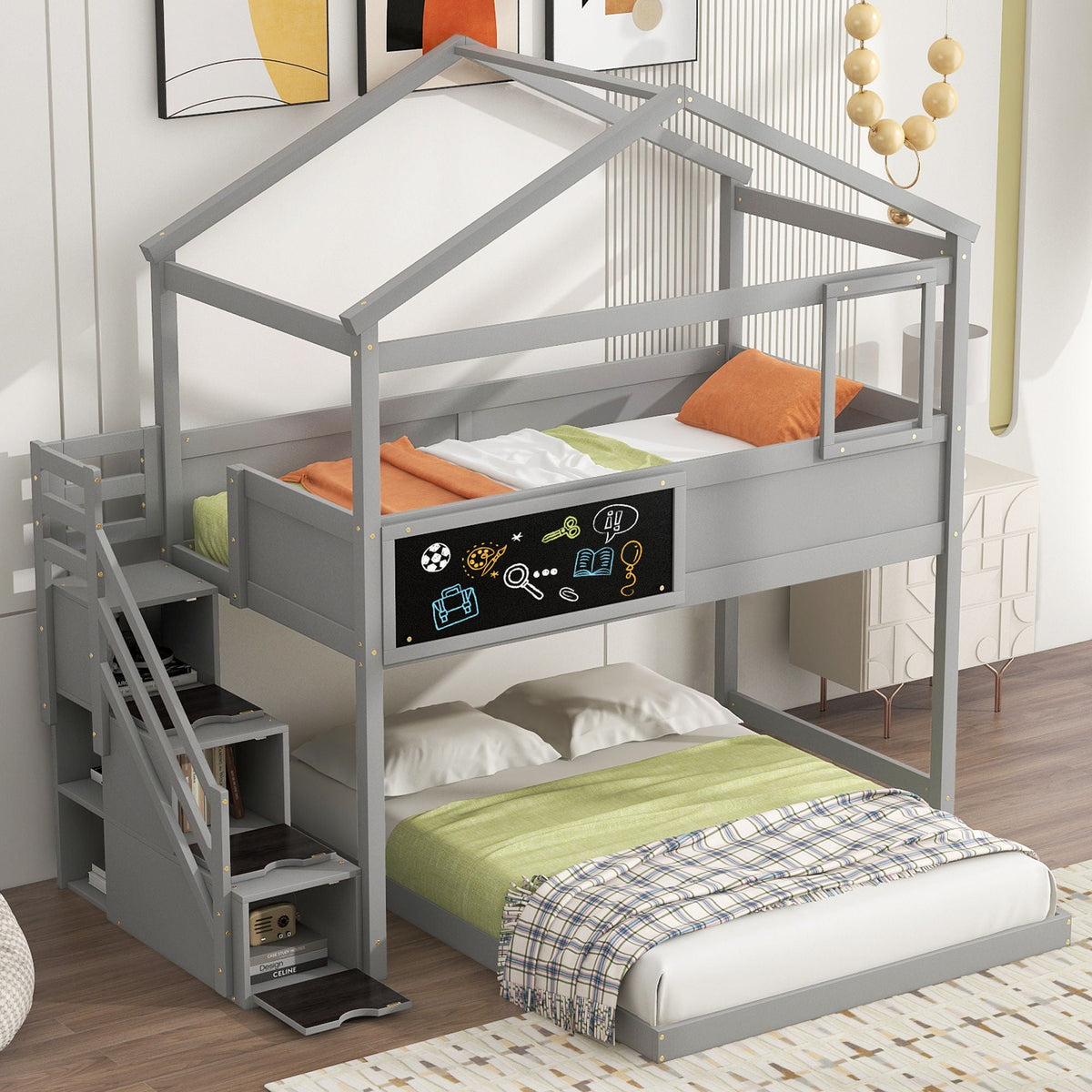 Gray House Style bunk bed with storage staircase and chalkboard panel, two beds on Tampa Home & Garden Store