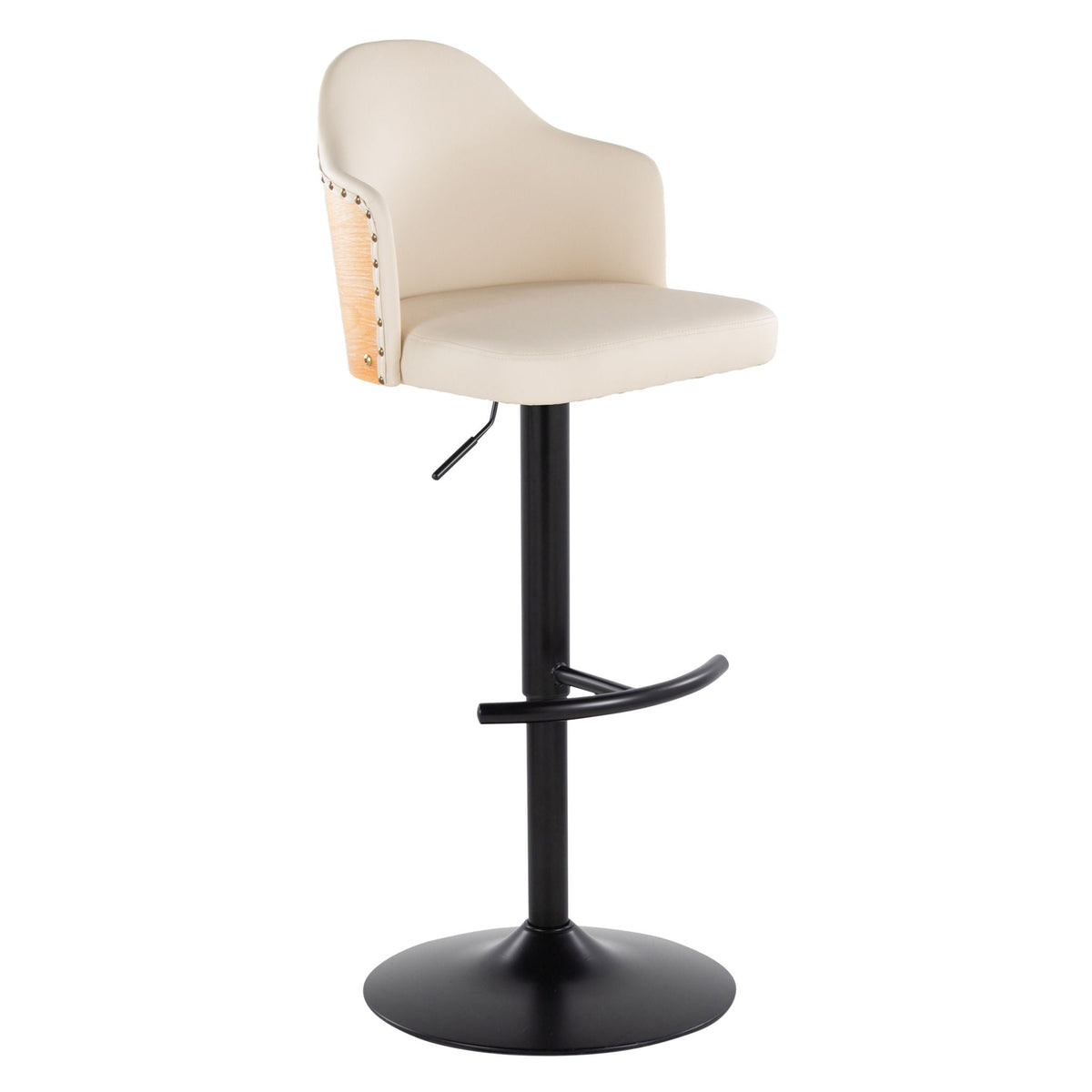 Contemporary barstool set with swivel footrest, beige upholstery, black pedestal base on Tampa Home & Garden Store