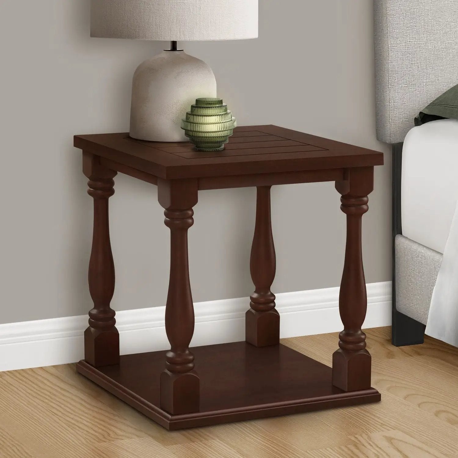 Accent table, 2-tier square, espresso finish, traditional style with turned legs on Tampa Home & Garden Store