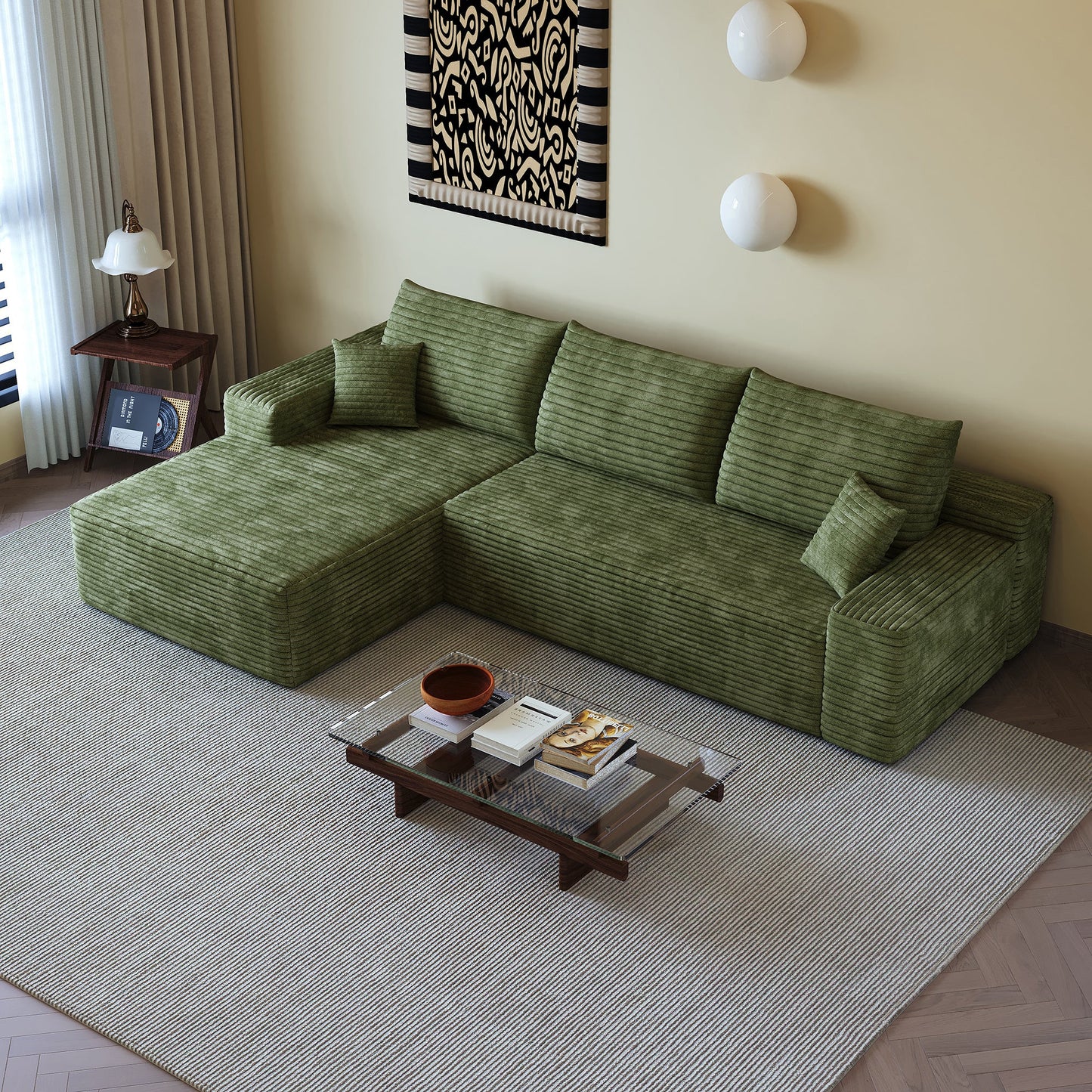 107 inch green cloud sectional sofa with L-shaped chaise in a stylish living room on Tampa Home & Garden Store
