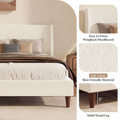 Upholstered Modern Platform Bed With Wingback Headboard beige fabric HouseOfZazla; solid wood legs on Tampa Home & Garden Store