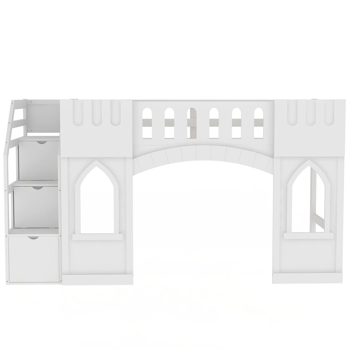 Loft bed with storage staircase and arched cutout panels in white wood by HouseOfZazla on Tampa Home & Garden Store