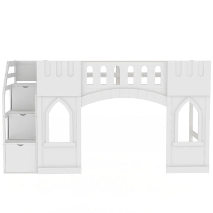 Loft bed with storage staircase and arched cutout panels in white wood by HouseOfZazla on Tampa Home & Garden Store