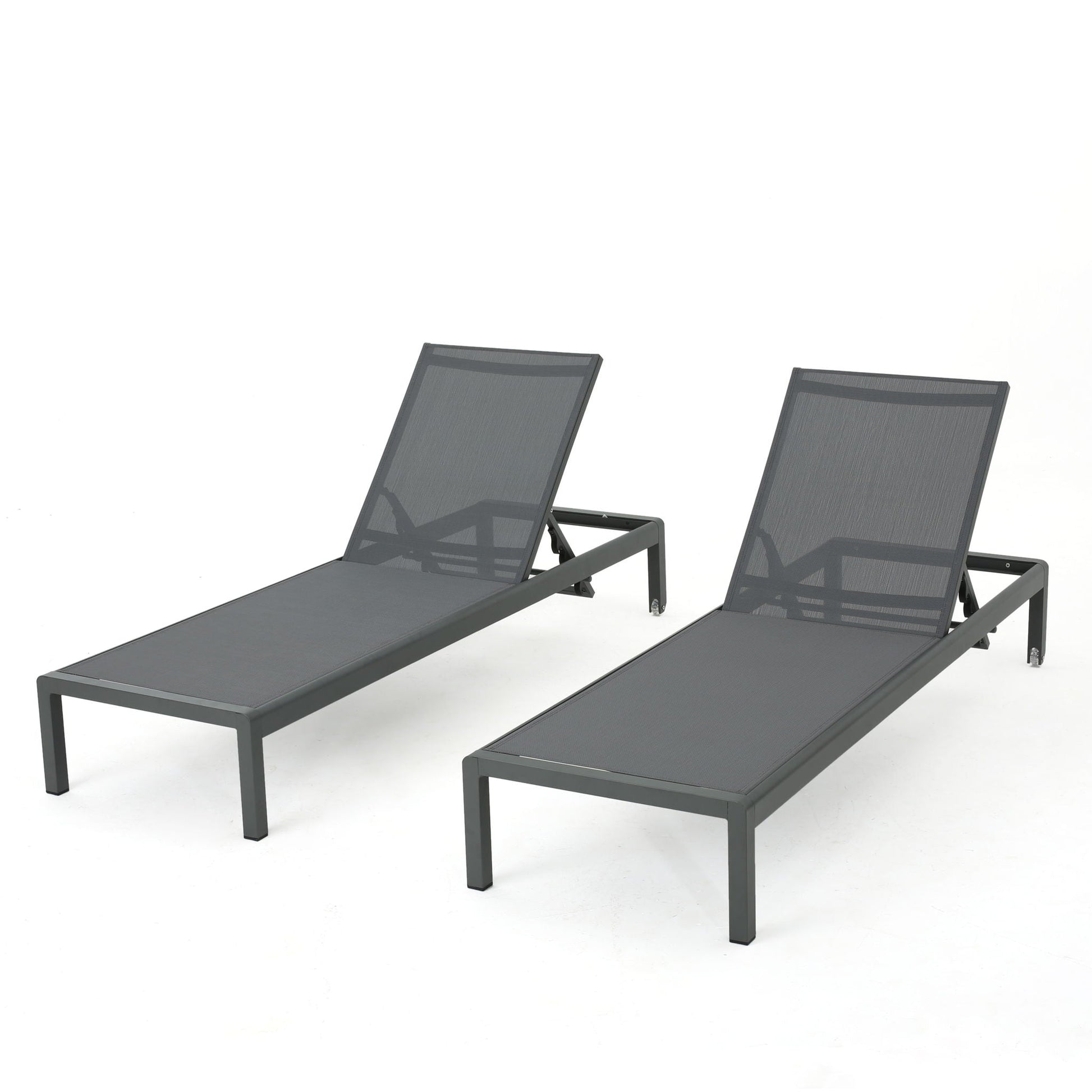 Two dark gray outdoor chaise lounges with mesh fabric and adjustable backs on Tampa Home & Garden Store
