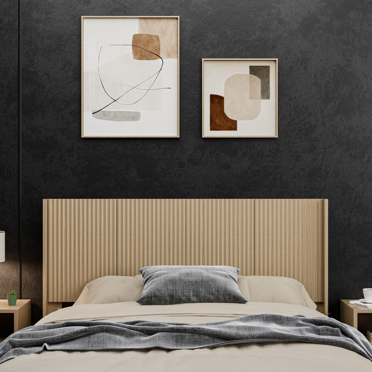 Modern wide wall-mounted fluted panel headboard, light brown finish, HouseOfZazla on Tampa Home & Garden Store