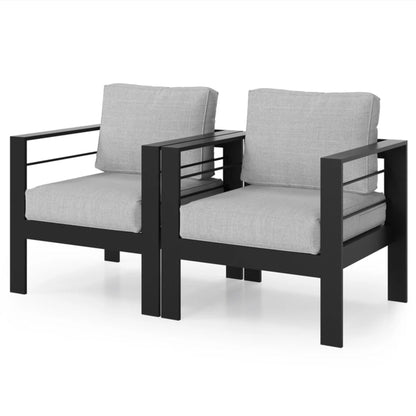Modern all-weather patio armchairs with thick gray cushions, black metal frames, set of 2 on Tampa Home & Garden Store