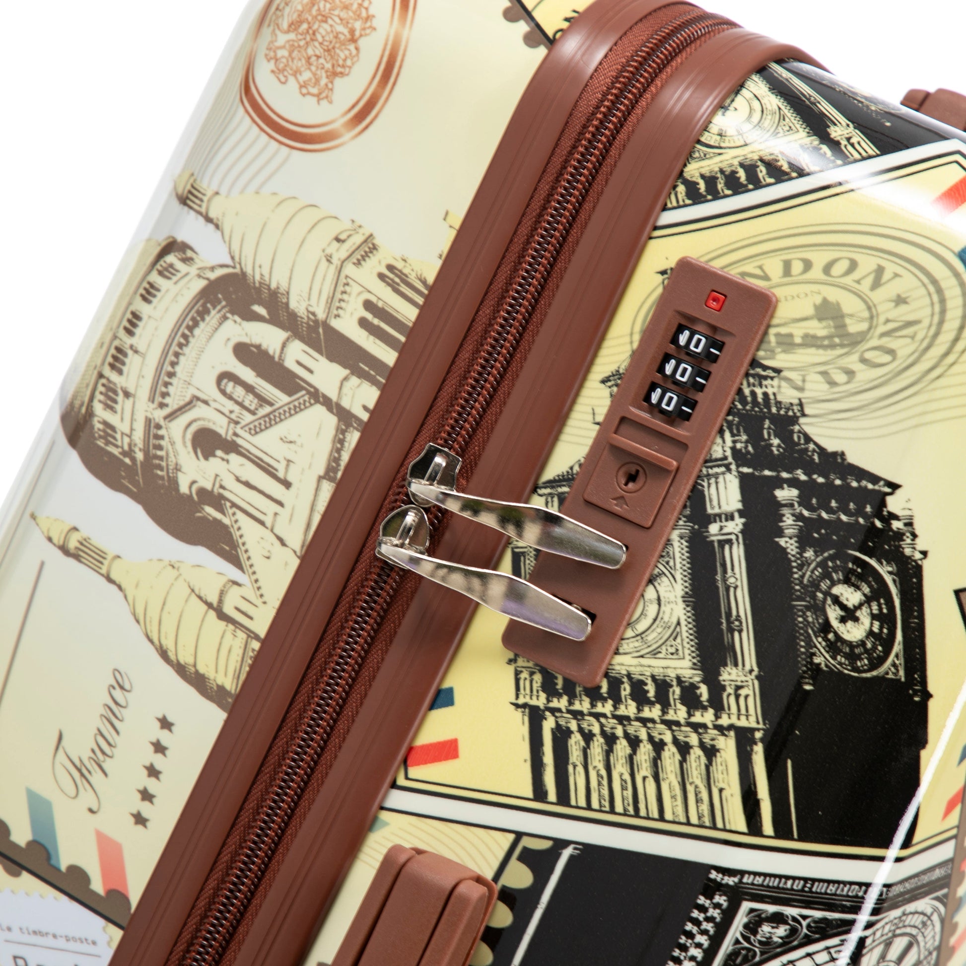 3-piece PC spinner luggage set with printed pattern by HouseOfZazla, close-up of brown zippers on suitcase on Tampa Home & Garden Store