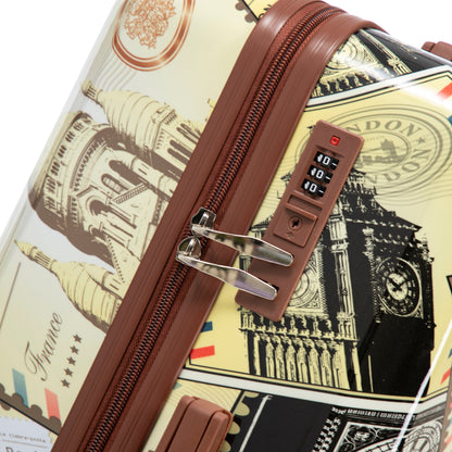 3-piece PC spinner luggage set with printed pattern by HouseOfZazla, close-up of brown zippers on suitcase on Tampa Home & Garden Store