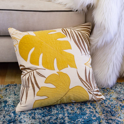 Autumn Vibes Leaf Accent Pillow by Unique Piece Furniture with yellow leaf motif on cream on Tampa Home & Garden Store