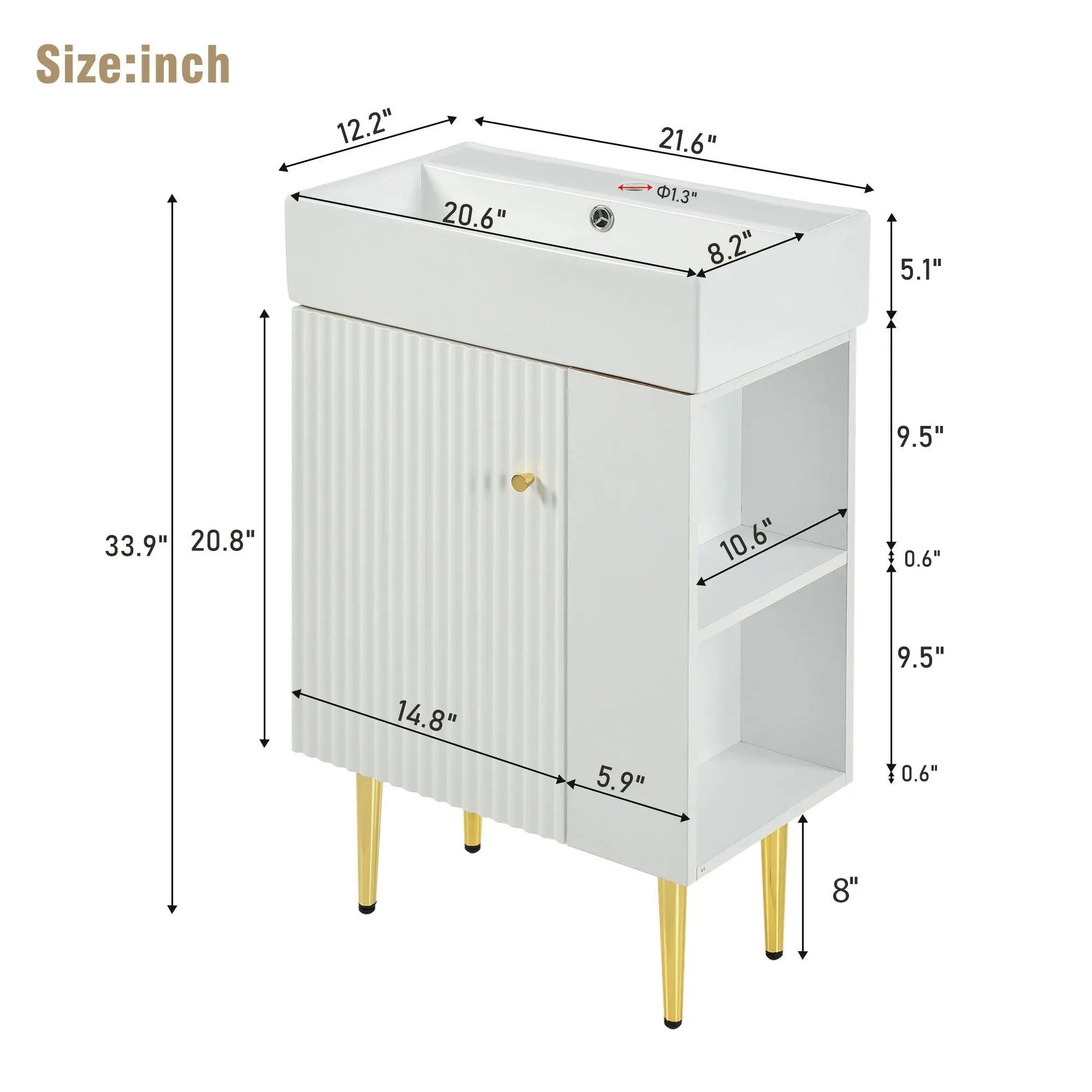 Bathroom vanity combo with single ceramic sink, white ribbed-front cabinet, gold legs on Tampa Home & Garden Store