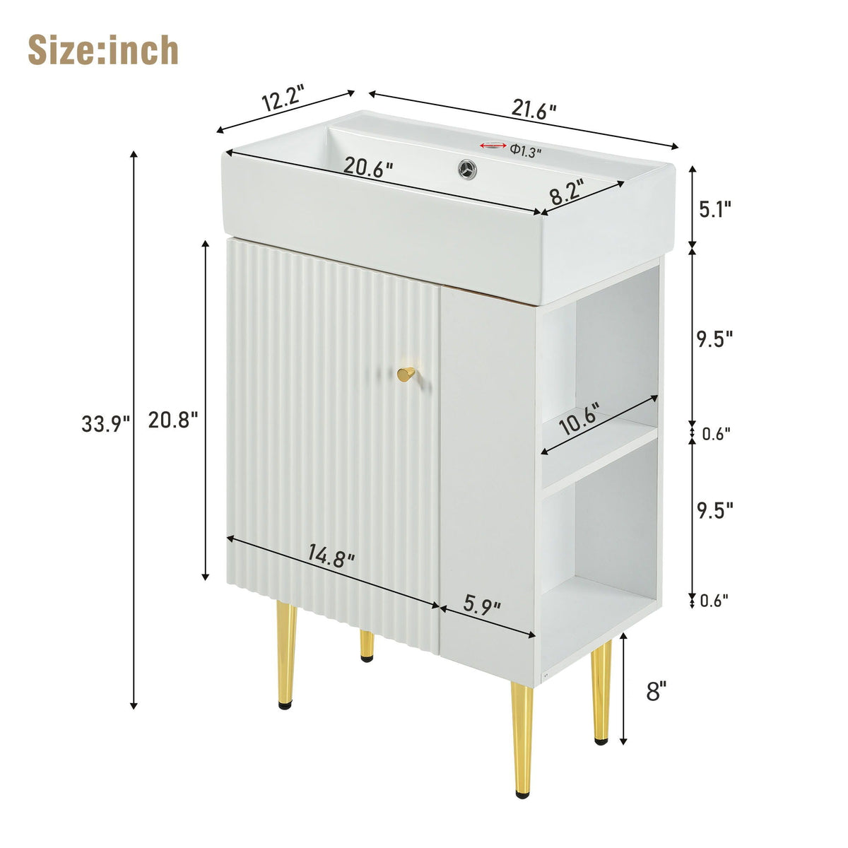 Vanity with single ceramic sink, white ribbed cabinet and gold legs, HouseOfZazla on Tampa Home & Garden Store