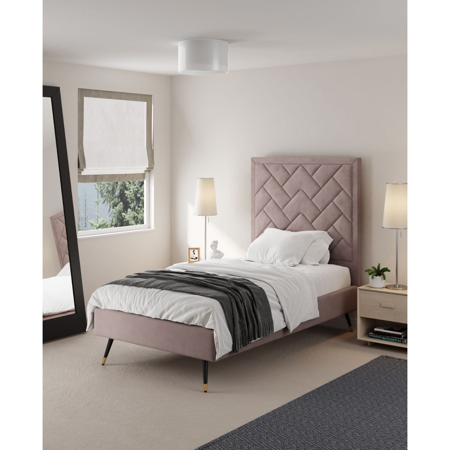 Crosby bed with blush pink upholstered headboard and slats, tufted chevron design on Tampa Home & Garden Store