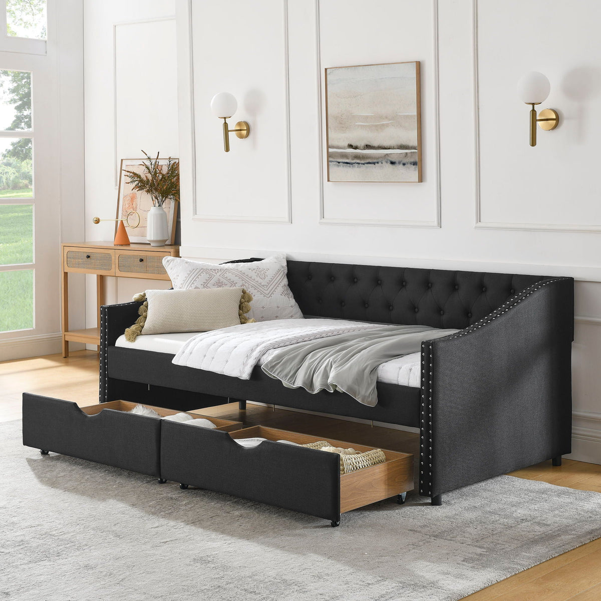 Upholstered Tufted Daybed with Storage Drawers