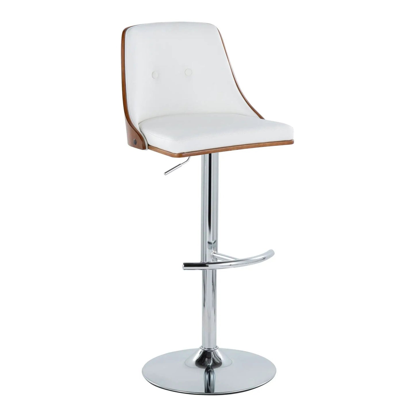 Gianna midcentury barstool with swivel and T-footrest, white leather seat, chrome base on Tampa Home & Garden Store