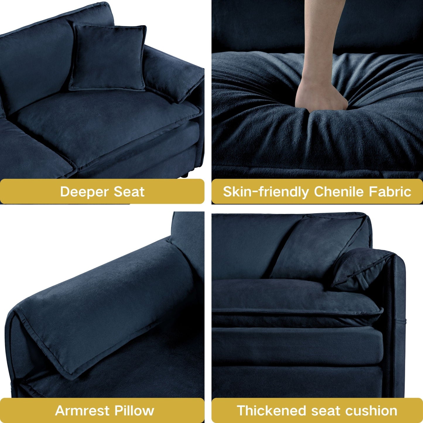 HouseOfZazla Modern Comfy Deep Seat Modular Sectional Sofa with Ottoman in navy chenille fabric on Tampa Home & Garden Store