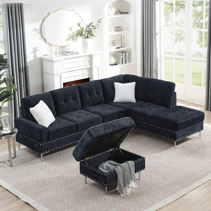 L Shaped Sofa with Chaise and Storage Ottoman