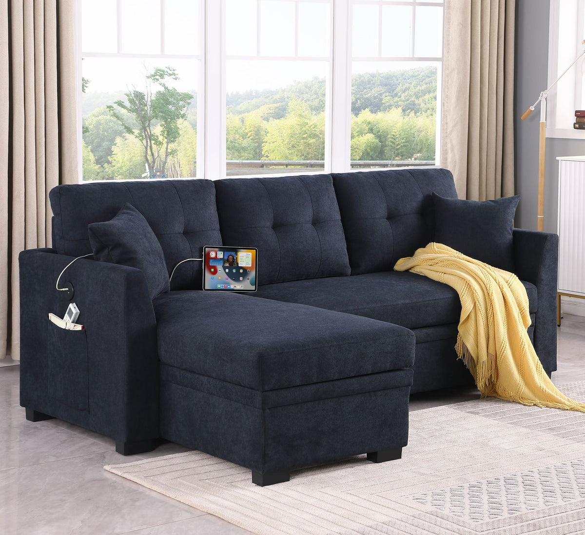 Sectional L-shaped sofa bed in navy fabric with USB port and reversible chaise with storage on Tampa Home & Garden Store