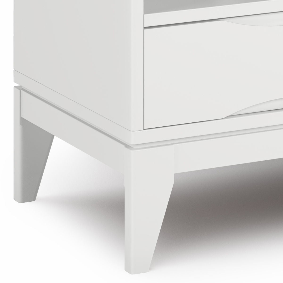 Handcrafted rubberwood TV stand with drawers in white finish, tapered legs on Tampa Home & Garden Store