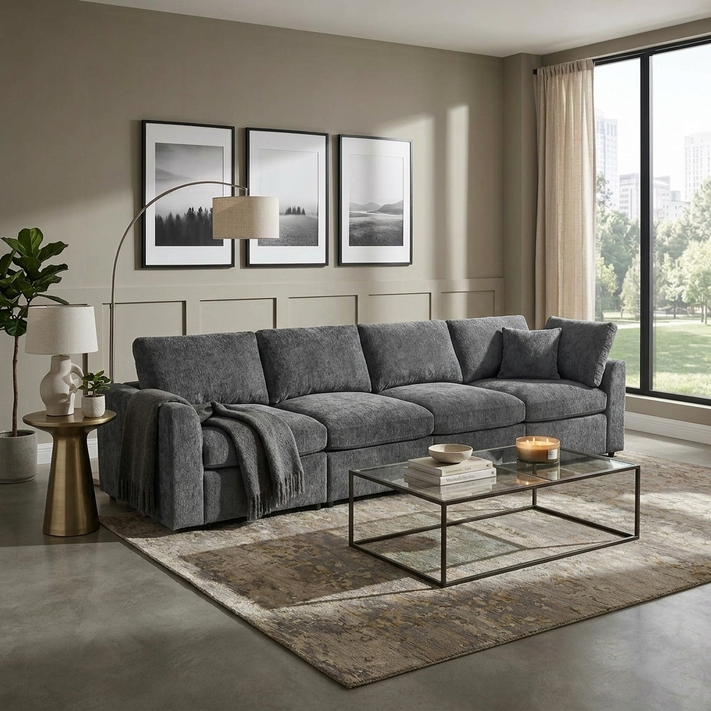 U-Style 130.3" Modular Sectional Sofa, 4-Seater in grey fabric by HouseOfZazla on Tampa Home & Garden Store