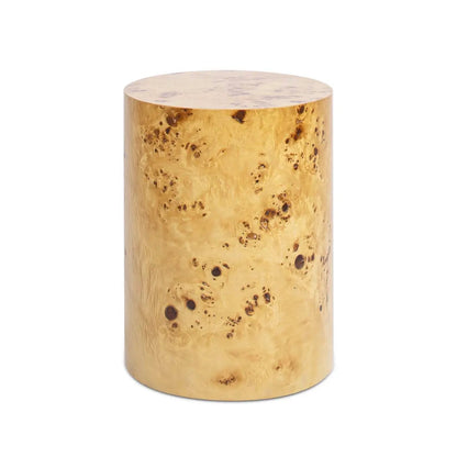 Nebula accent oval pillar side table in golden burl wood with round top on Tampa Home & Garden Store