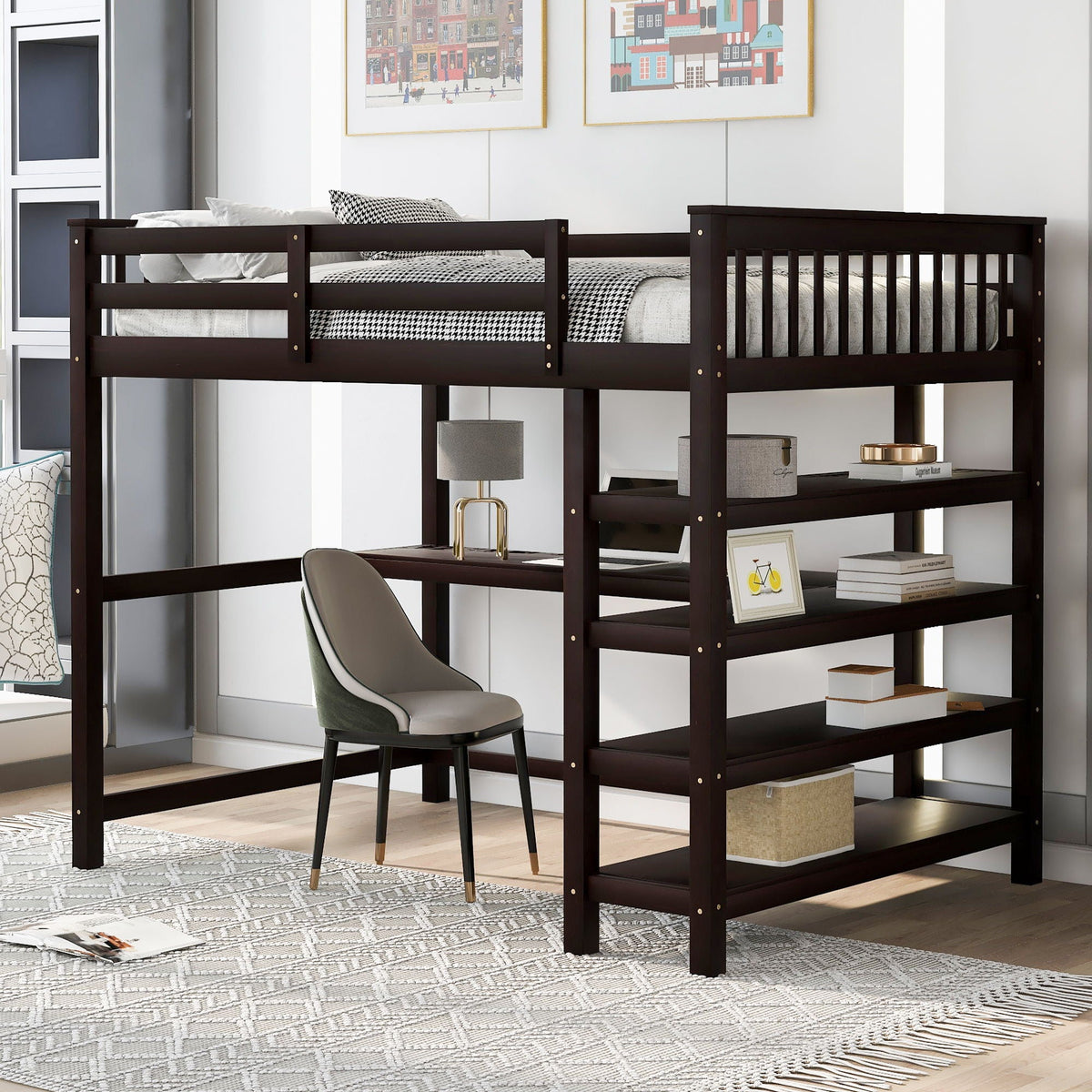 Dark brown loft bed with built-in storage shelves and under-bed desk in a modern bedroom on Tampa Home & Garden Store