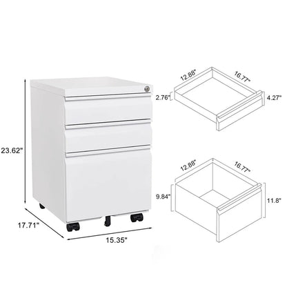 Contemporary 3-drawer mobile filing cabinet with lock, white metal, Unique Piece Furniture on Tampa Home & Garden Store
