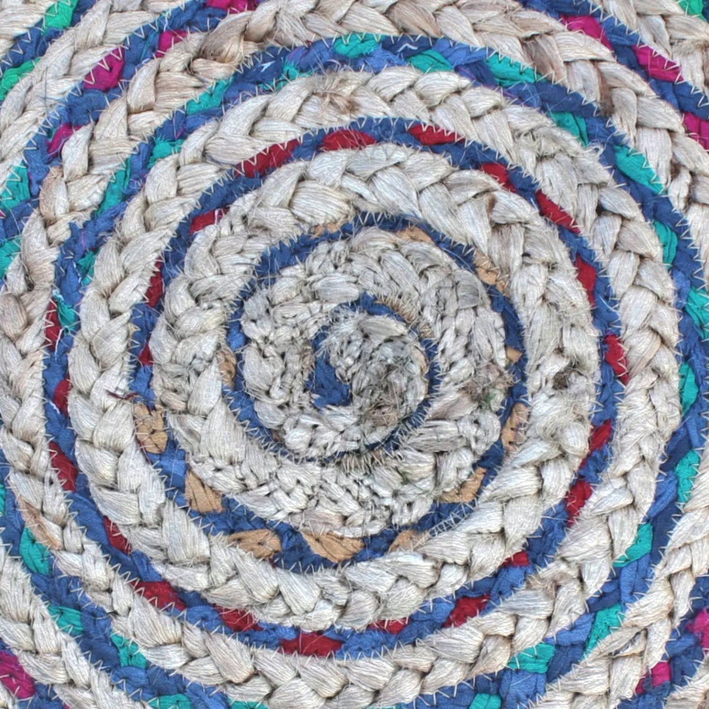 Margo Handcrafted Round Pouf by Unique Piece Furniture, braided jute in blue red green on Tampa Home & Garden Store