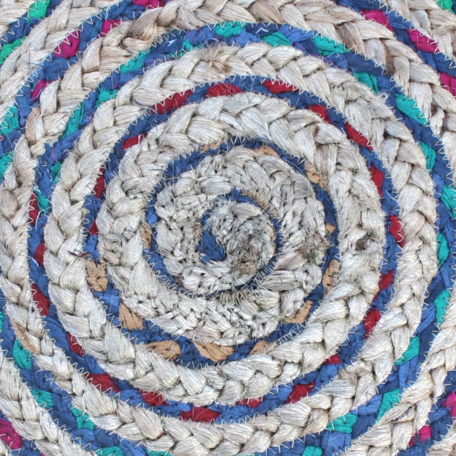 Margo Handcrafted Round Pouf by Unique Piece Furniture, braided jute in blue red green on Tampa Home & Garden Store
