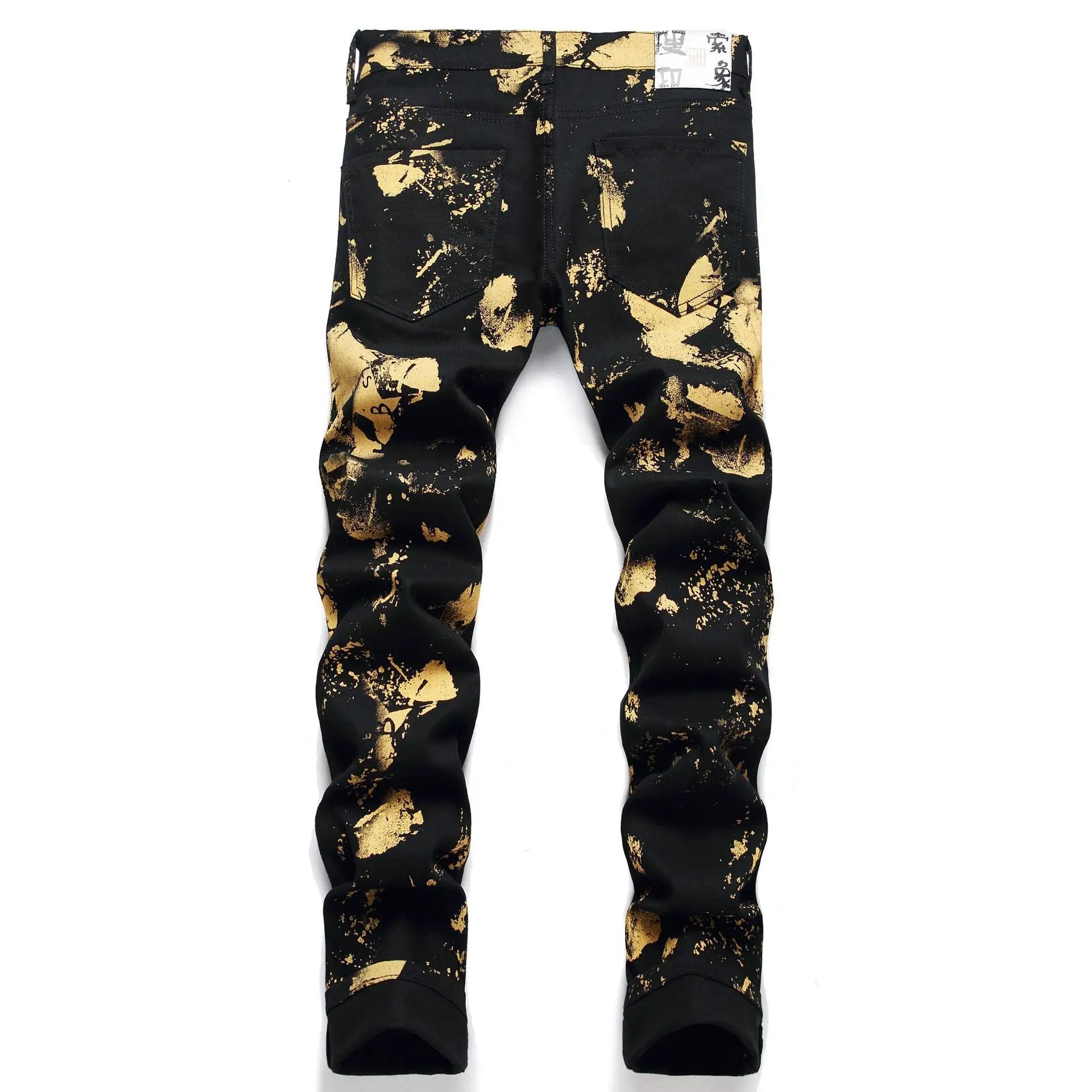 Street mid waist casual men's jeans with gold paint-splatter print, black, FLIPSTYLEZLLC on Tampa Home & Garden Store